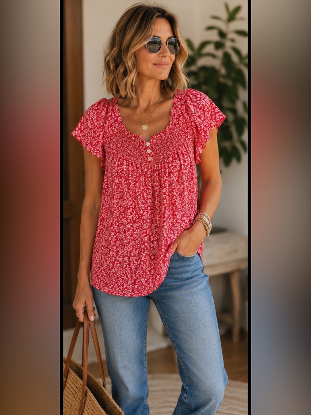 Draper James RSVP Red Floral Smocked Flutter Sleeve Blouse XL